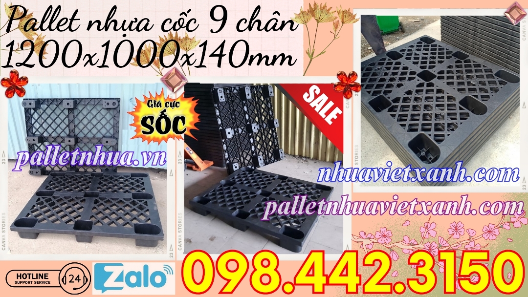 Pallet nhựa cốc 9 chân màu đen 1200x1000x140mm