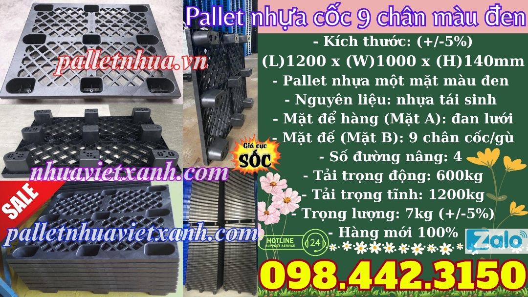 Pallet nhựa cốc 9 chân màu đen