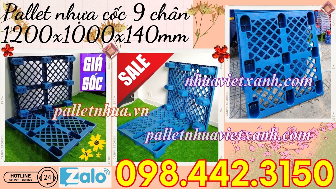 Pallet nhựa cốc 9 chân màu xanh 1200x1000x140mm