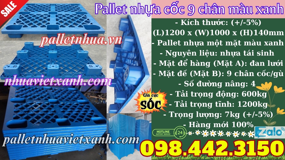 Pallet nhựa cốc 9 chân màu xanh