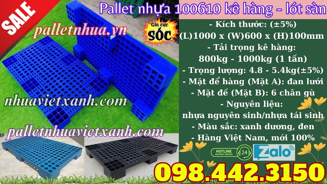 Pallet nhựa kê hàng - lót sàn 1000x600x100mm