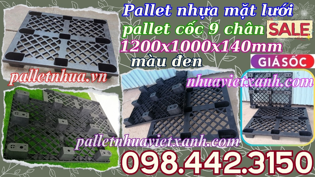 Pallet nhựa mặt lưới 9 chân cốc 1200x1000x140mm màu đen