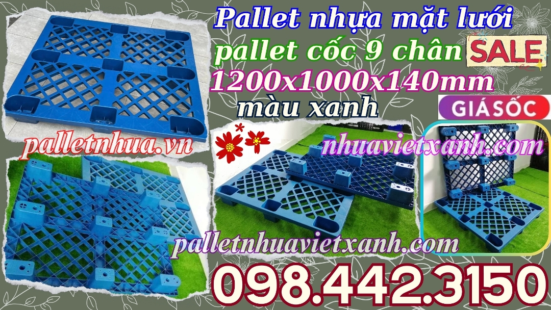 Pallet nhựa mặt lưới 9 chân cốc 1200x1000x140mm màu xanh