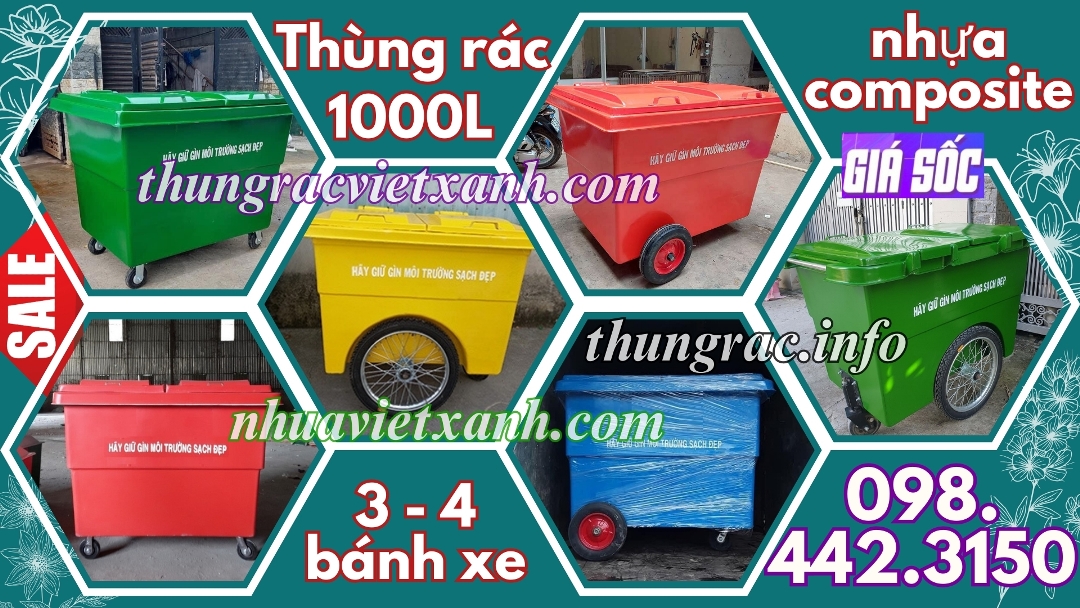 Thùng rác 1000L nhựa composite 3 và 4 bánh xe