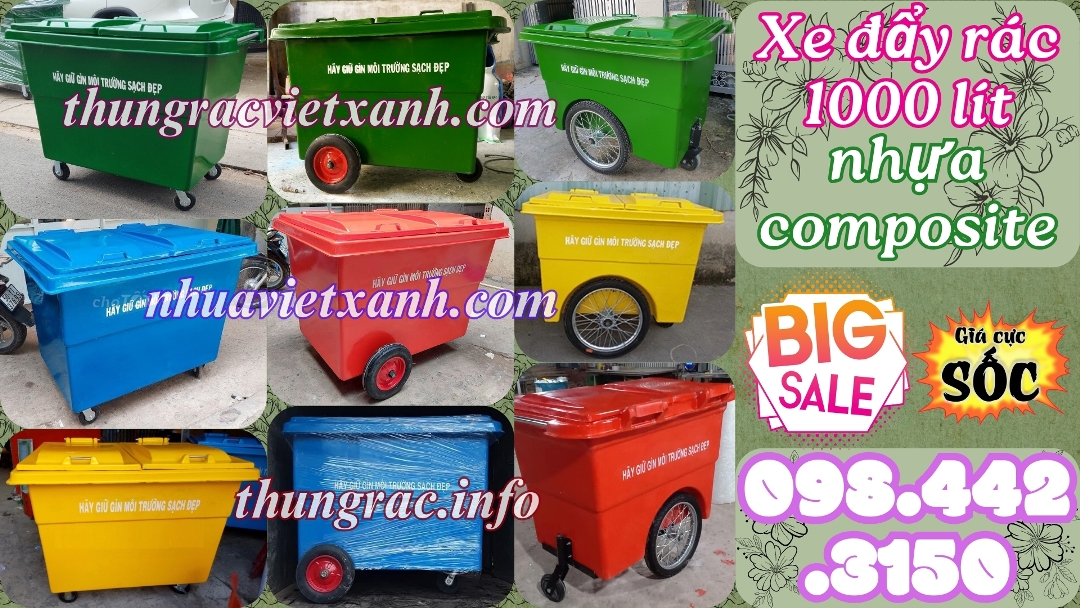 Xe đẩy rác 1000 lít nhựa composite