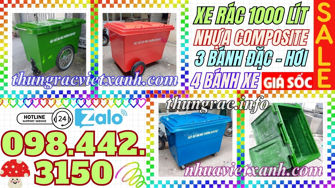 Xe rác 1000L nhựa composite 3 và 4 bánh xe