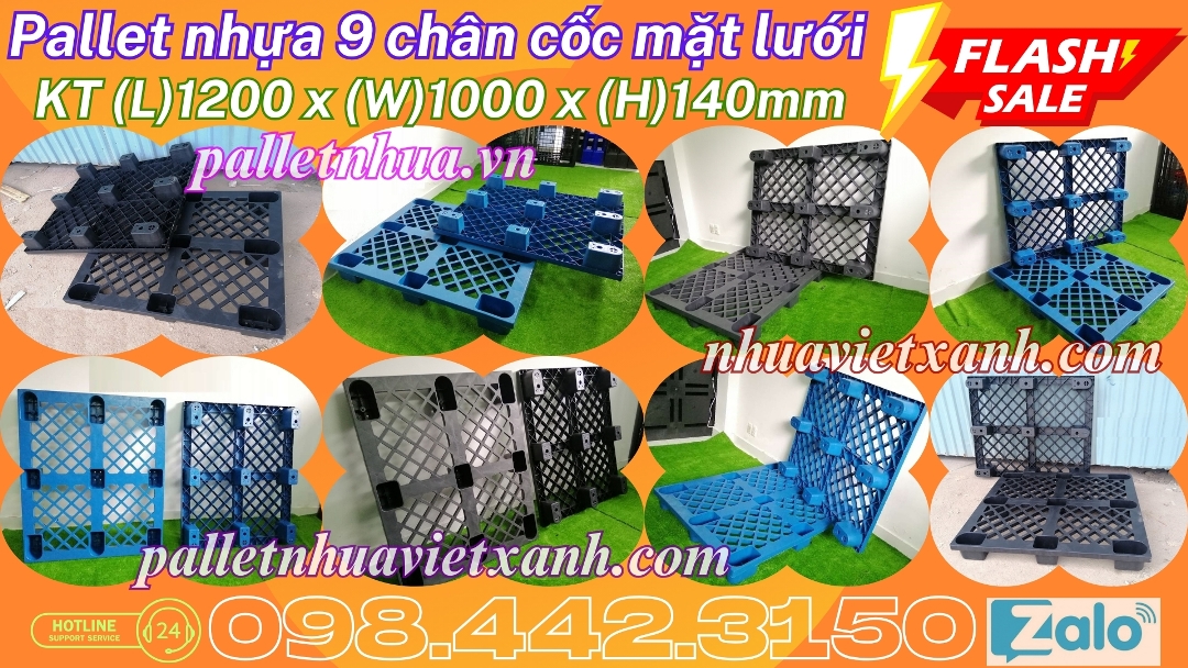 Pallet nhựa 9 chân cốc mặt lưới 1200x1000x140mm