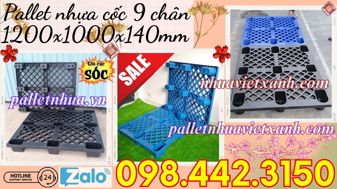 Pallet nhựa cốc 9 chân 1200x1000x140mm hàng mới