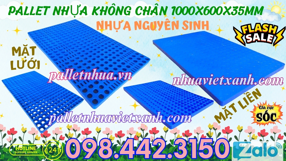 Pallet nhựa không chân 600x1000x35mm nhựa nguyên sinh