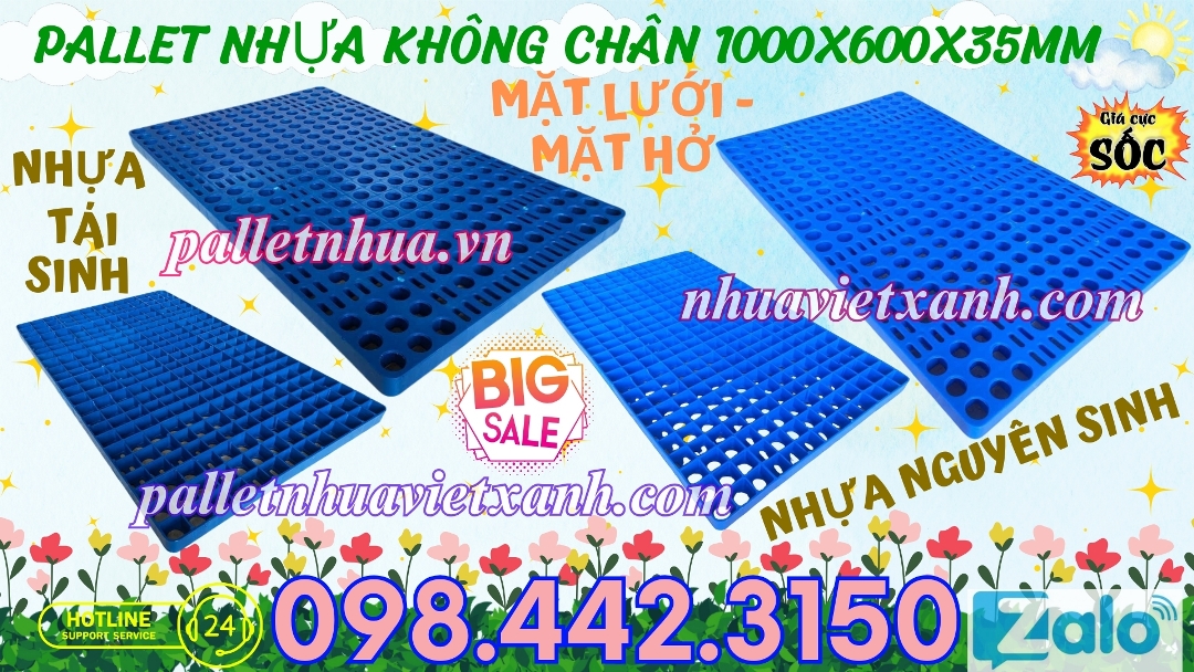 Pallet nhựa không chân mặt lưới 600x1000x35mm