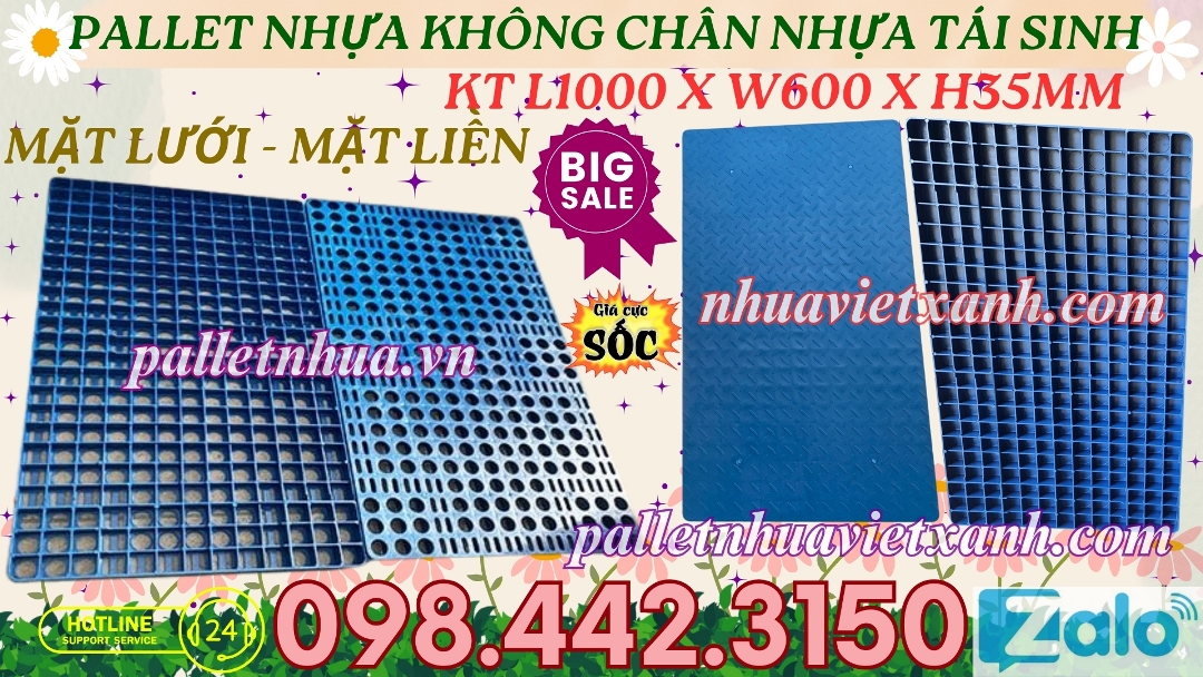 Pallet nhựa không chân nhựa tái sinh 1000x600x35mm 