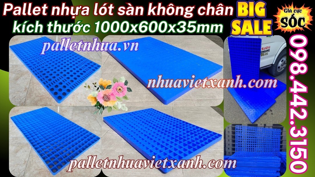 Pallet nhựa lót sàn không chân 1000x600x35mm nhựa nguyên sinh