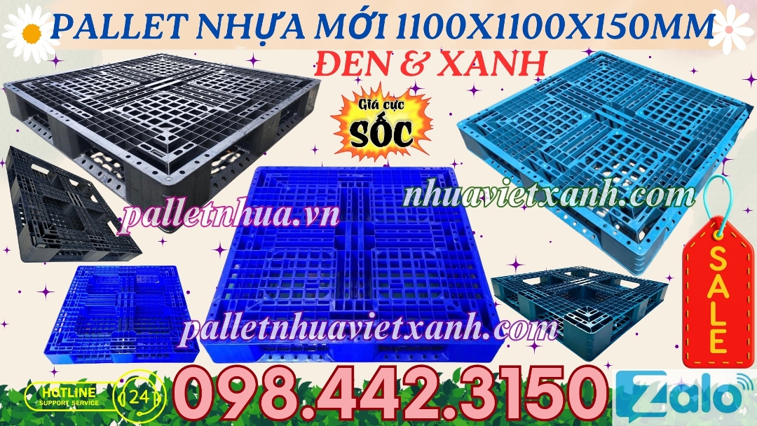 Pallet nhựa mới 1100x1100x150mm đen và xanh