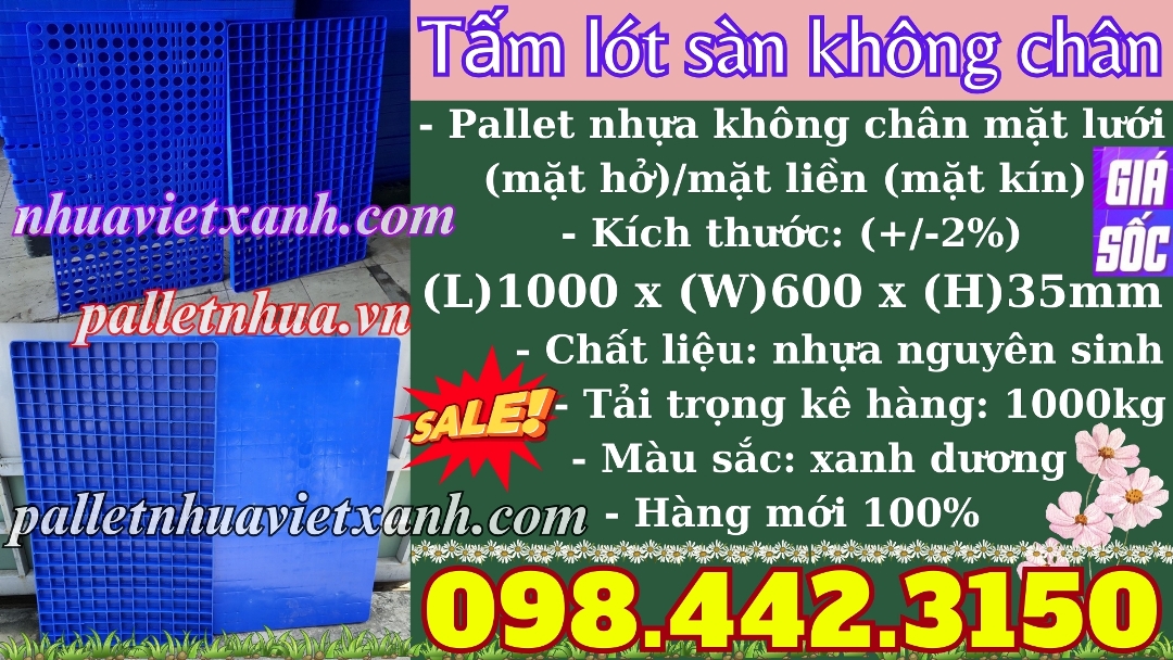 Tấm lót sàn không chân 1000x600x35mm nhựa nguyên sinh