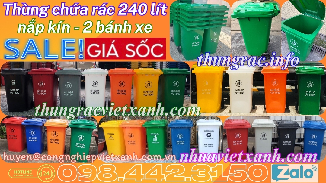 Thùng chứa rác 240 lít nắp kín 2 bánh xe