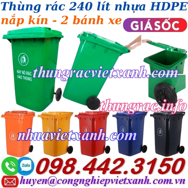 Thùng rác 240 lít nắp kín nhựa HDPE 2 bánh xe