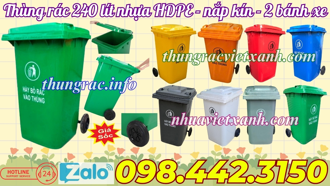 Thùng rác 240 lít nhựa HDPE nắp kín 2 bánh xe