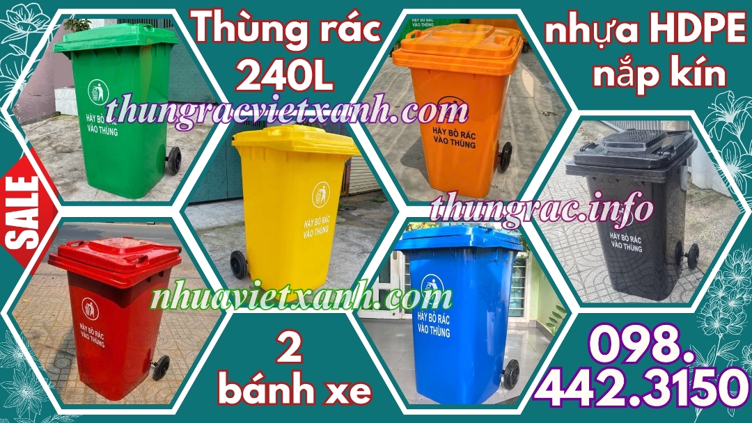 Thùng rác 240L nhựa HDPE nắp kín 2 bánh xe