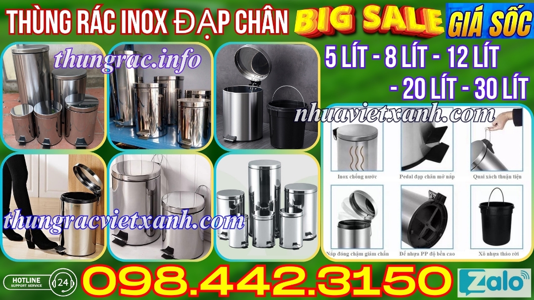 Thùng rác inox đạp chân dung tích 5L - 8L - 12L - 20L - 30L