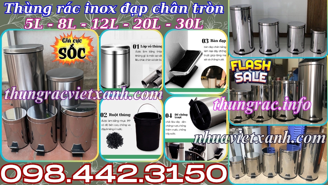 Thùng rác inox đạp chân tròn 5L - 8L - 12L - 20L - 30L