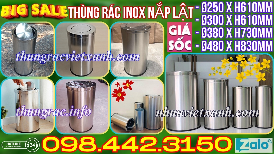 Thùng rác inox nắp lật hình trụ tròn