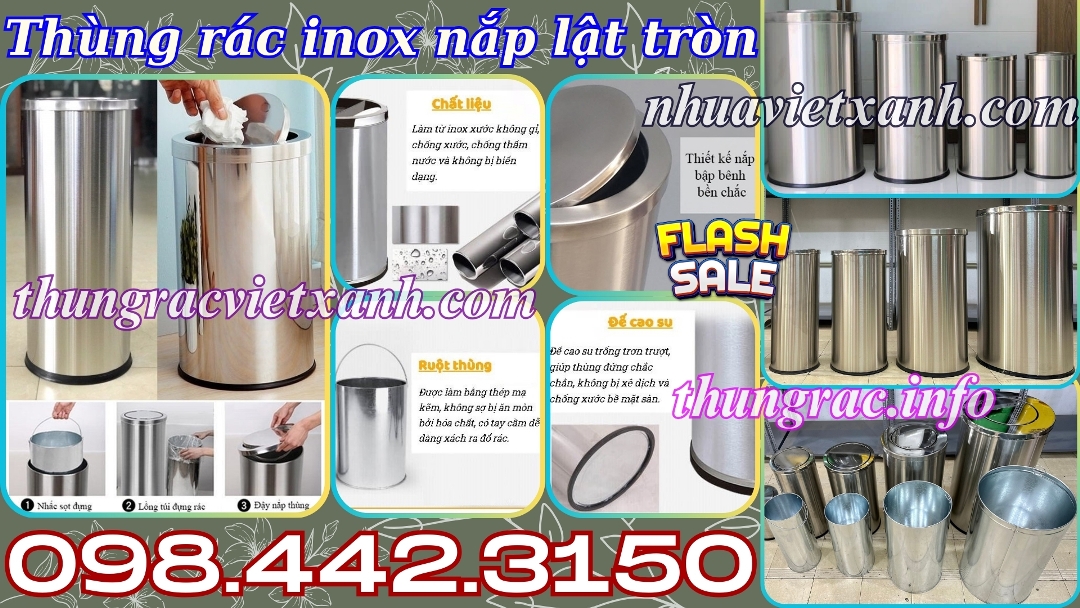 Thùng rác inox nắp lật tròn nhiều size