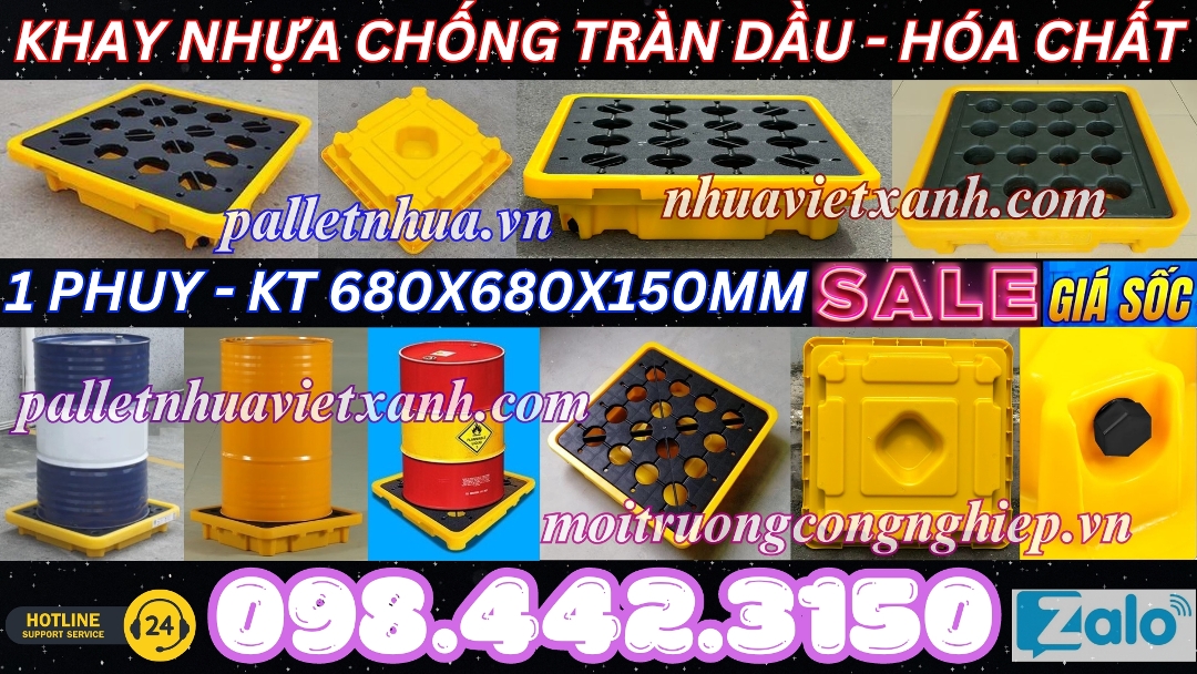 Khay nhựa chống tràn dầu - hóa chất 1 phuy 680x680x150mm