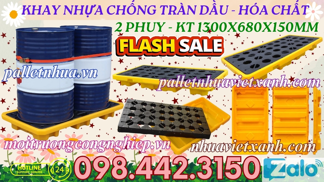 Khay nhựa chống tràn dầu - hóa chất 2 phuy cao 150mm