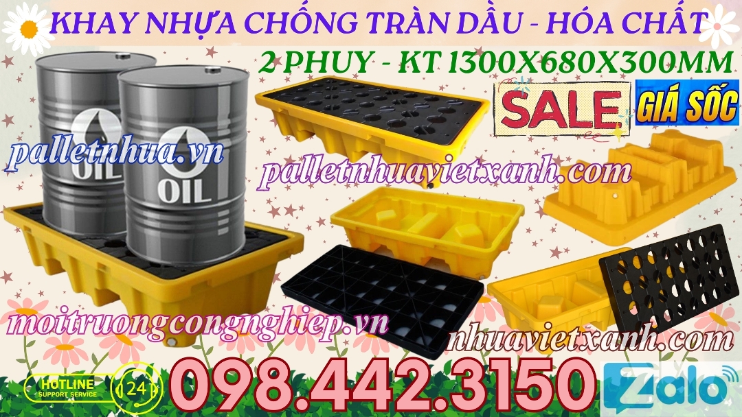 Khay nhựa chống tràn dầu - hóa chất 2 phuy cao 300mm