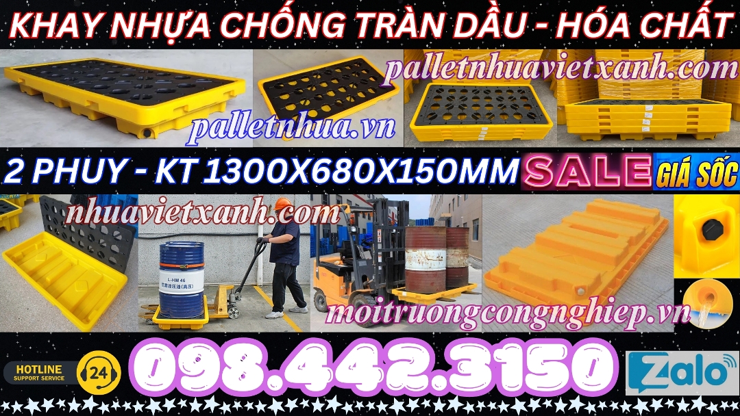 Khay nhựa chống tràn dầu - hóa chất 2 phuy KT 1300x680x150mm