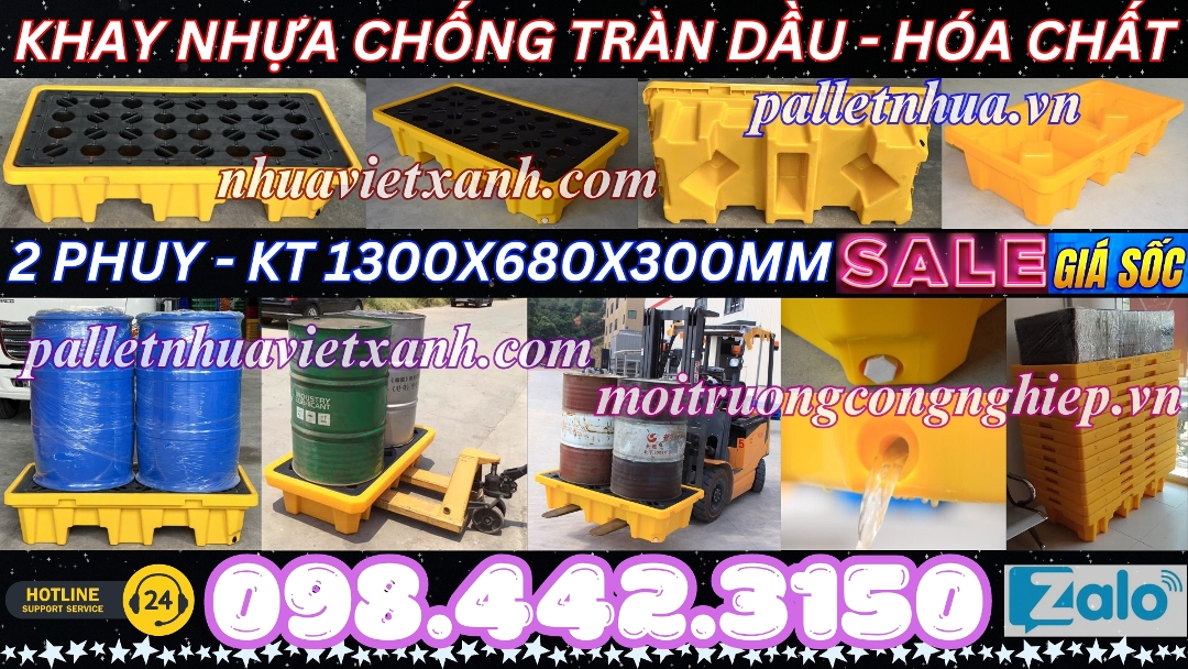 Khay nhựa chống tràn dầu - hóa chất 2 phuy KT 1300x680x300mm