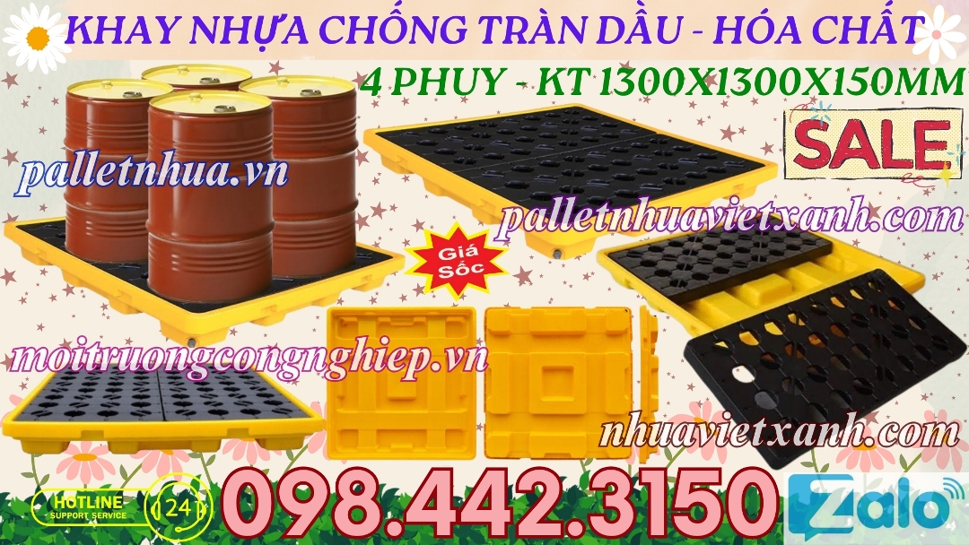 Khay nhựa chống tràn dầu - hóa chất 4 phuy cao 150mm