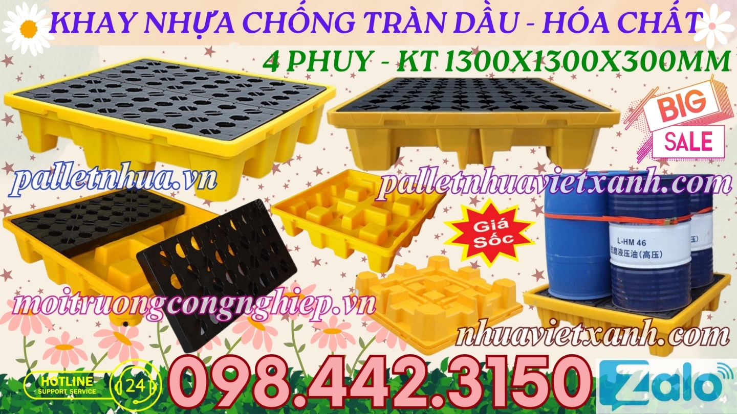 Khay nhựa chống tràn dầu - hóa chất 4 phuy cao 300mm