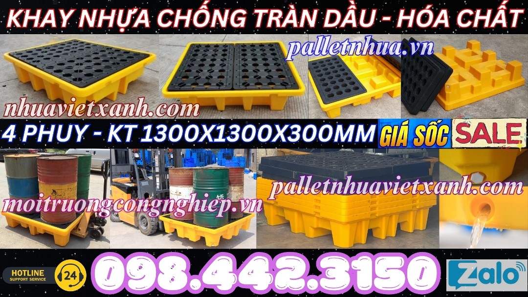 Khay nhựa chống tràn dầu - hóa chất 4 phuy KT 1300x1300x300mm