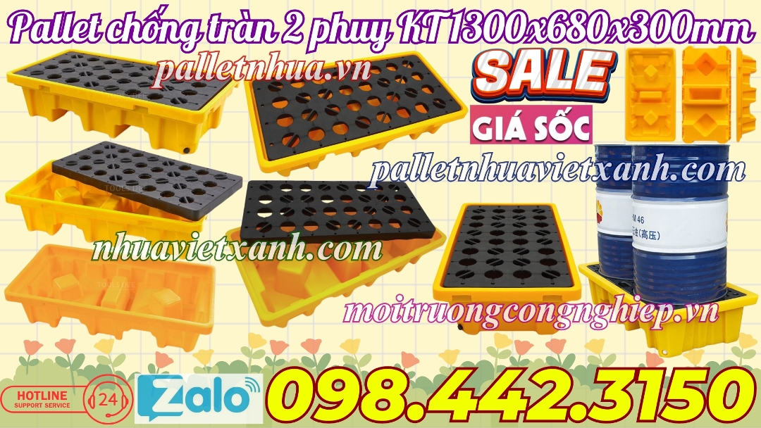 Pallet chống tràn 2 phuy cao 300mm