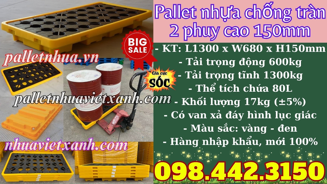 Pallet nhựa chống tràn 2 phuy cao 150mm - 1300x680mm