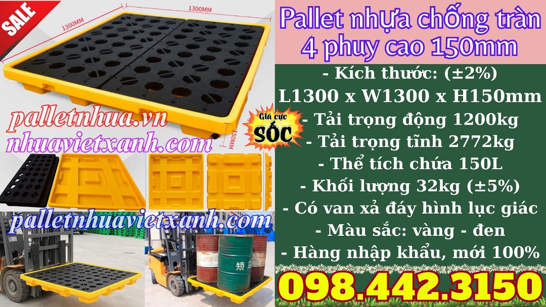 Pallet nhựa chống tràn 4 phuy cao 150mm - 1300x1300mm