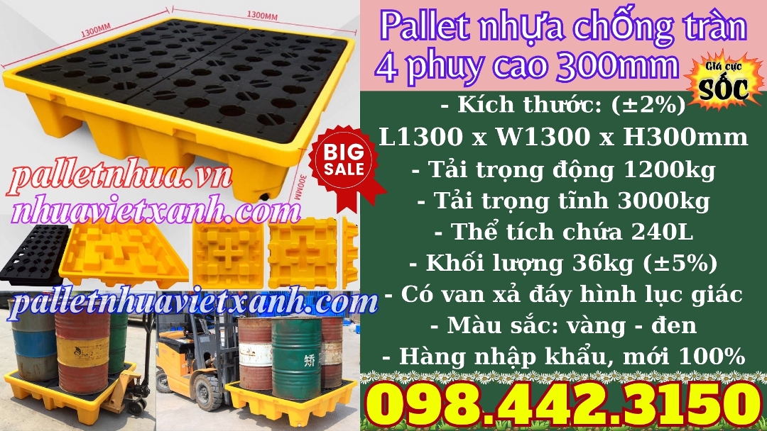 Pallet nhựa chống tràn 4 phuy cao 300mm - 1300x1300mm