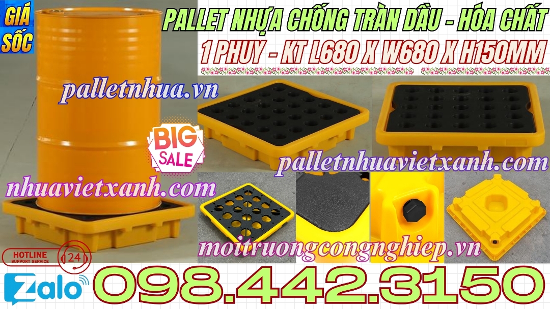 Pallet nhựa chống tràn dầu - hóa chất 1 phuy cao 150mm