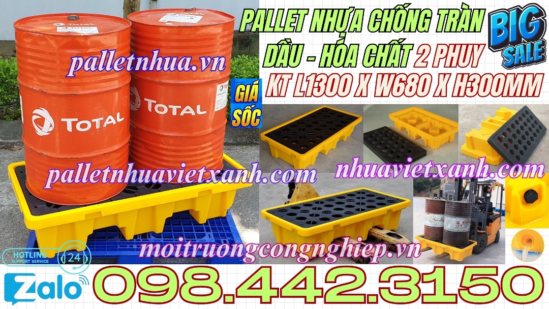 Pallet nhựa chống tràn dầu - hóa chất 2 phuy 1300x680x300mm