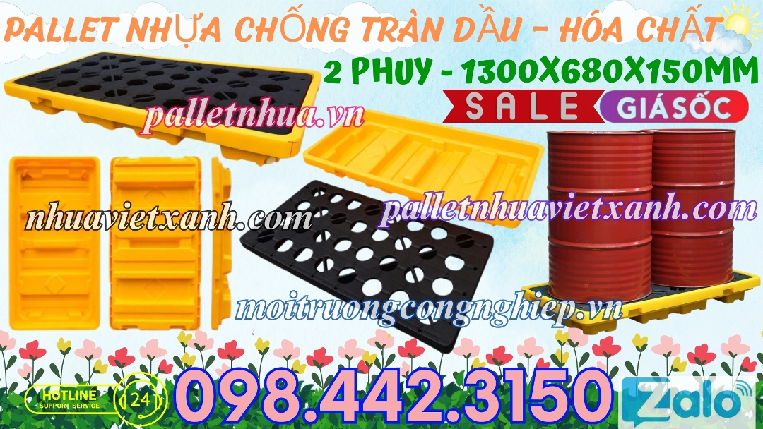 Pallet nhựa chống tràn dầu - hóa chất 2 phuy cao 150mm