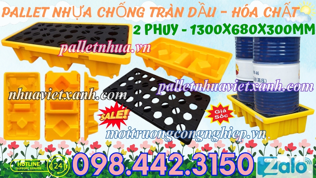 Pallet nhựa chống tràn dầu - hóa chất 2 phuy cao 300mm