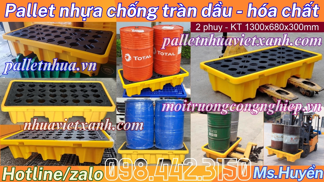 Pallet nhựa chống tràn dầu - hóa chất 2 phuy size 1300x680x300mm