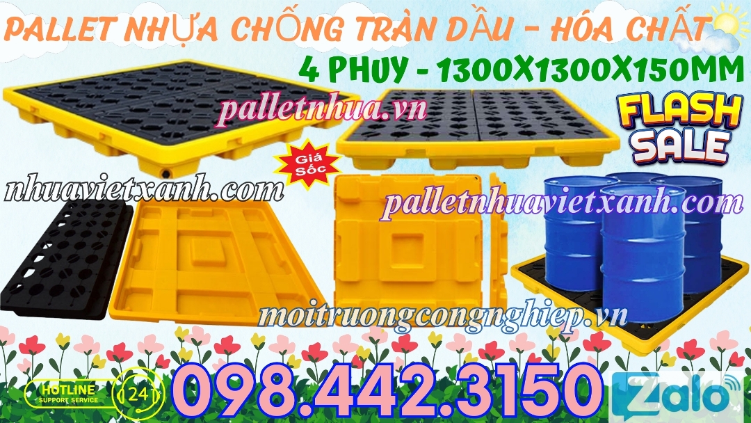 Pallet nhựa chống tràn dầu - hóa chất 4 phuy cao 150mm