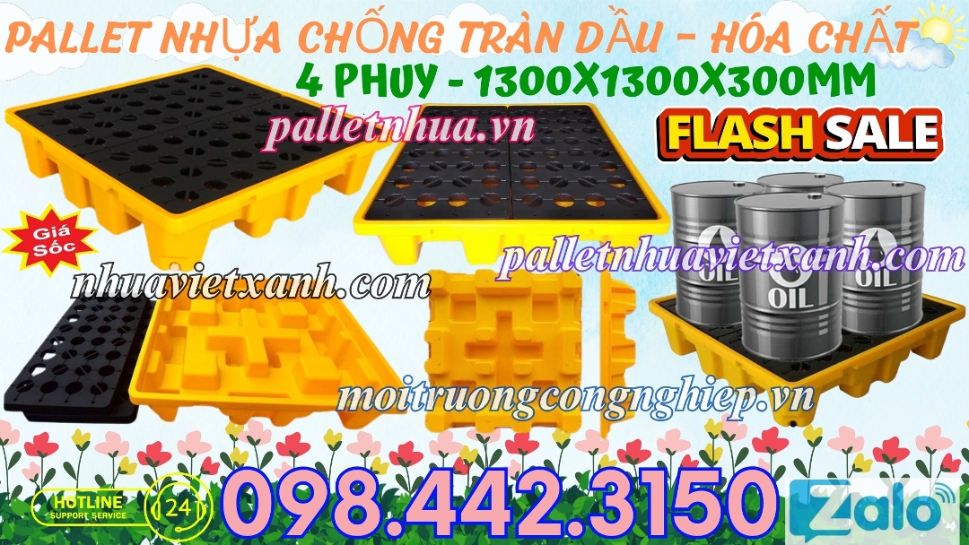 Pallet nhựa chống tràn dầu - hóa chất 4 phuy cao 300mm