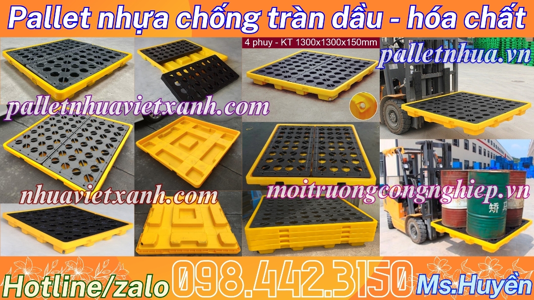 Pallet nhựa chống tràn dầu - hóa chất 2 phuy size 1300x1300x150mm