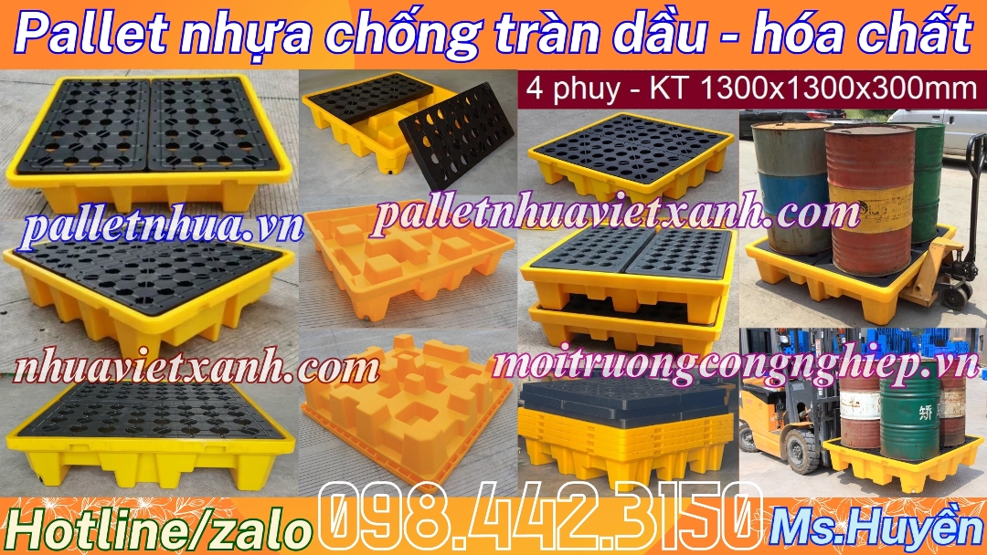 Pallet nhựa chống tràn dầu - hóa chất 2 phuy size 1300x1300x300mm