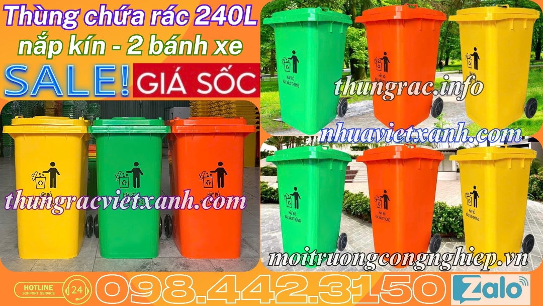 Thùng chứa rác 240L nắp kín 2 bánh xe