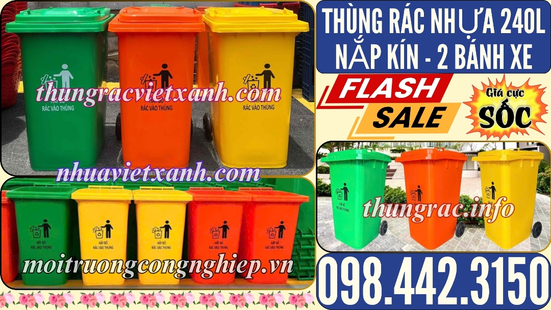 Thùng rác 240 lít nhựa HDPE nắp kín 2 bánh xe