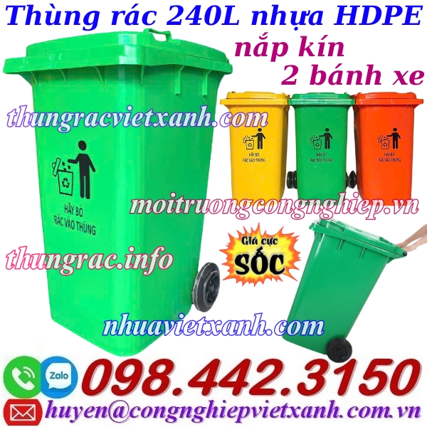 Thùng rác 240L nhựa HDPE nắp kín 2 bánh xe